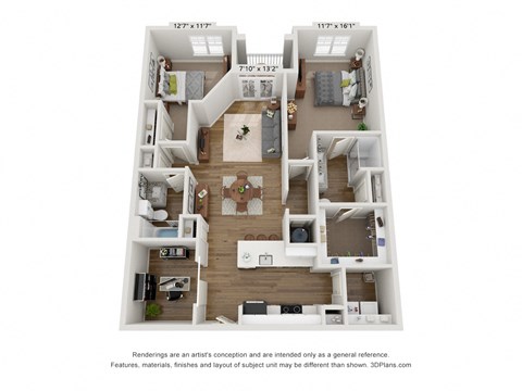 Floor plan for 2 beds, 2 baths, 1293 sqft